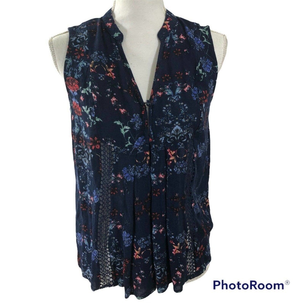 Bleuh Ciel Woman’s Large Sleeveless Blue Floral Flowy Tank Blouse Boho